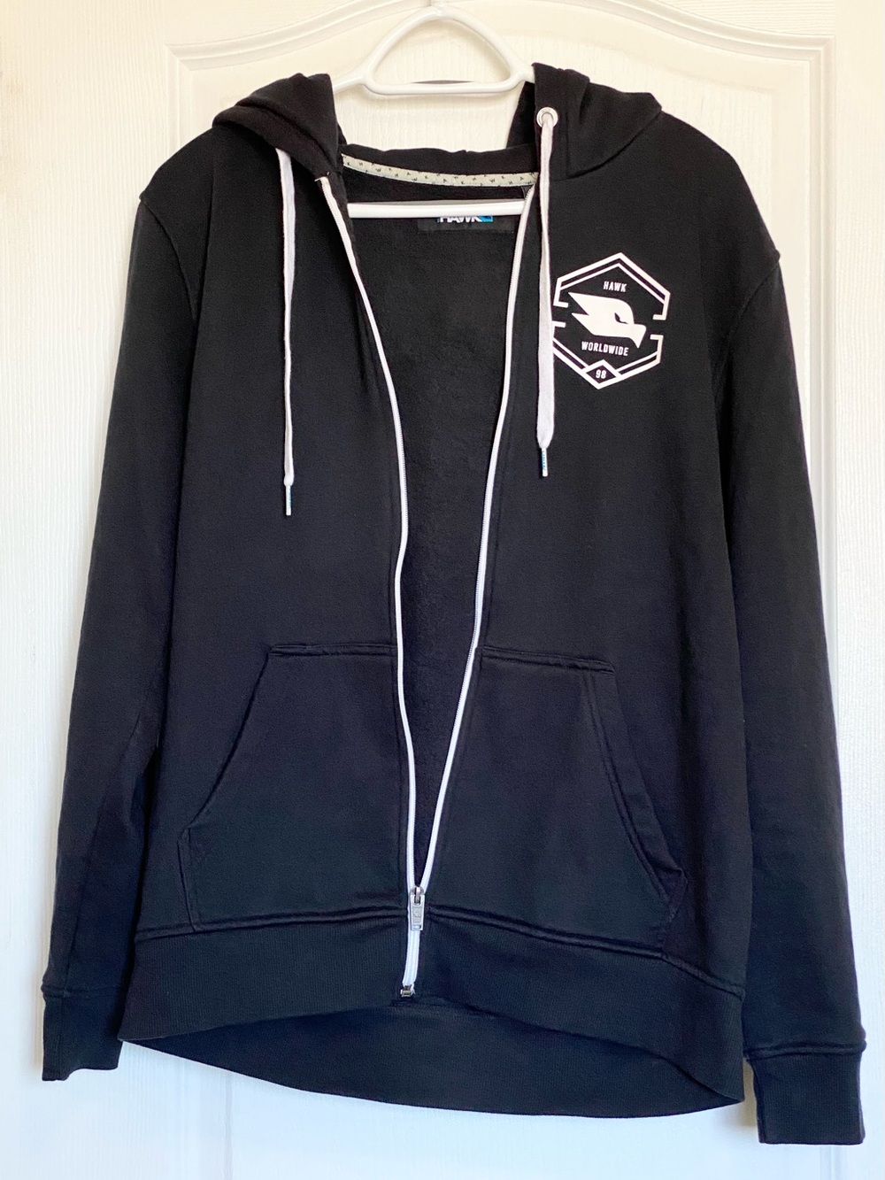 Tony Hawk Black Zip-Up Hoodie with White Trim and Chest Logo Size M